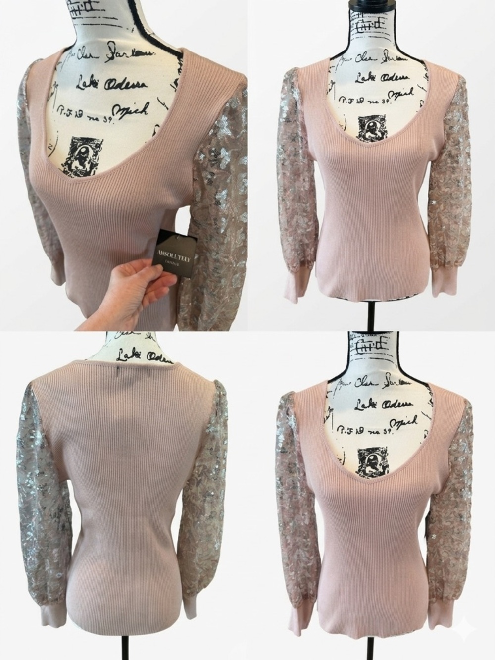 Absolutely Famous Blush Pink V-Neck Sweater with Sheer Floral Sleeves - Picture 4 of 10